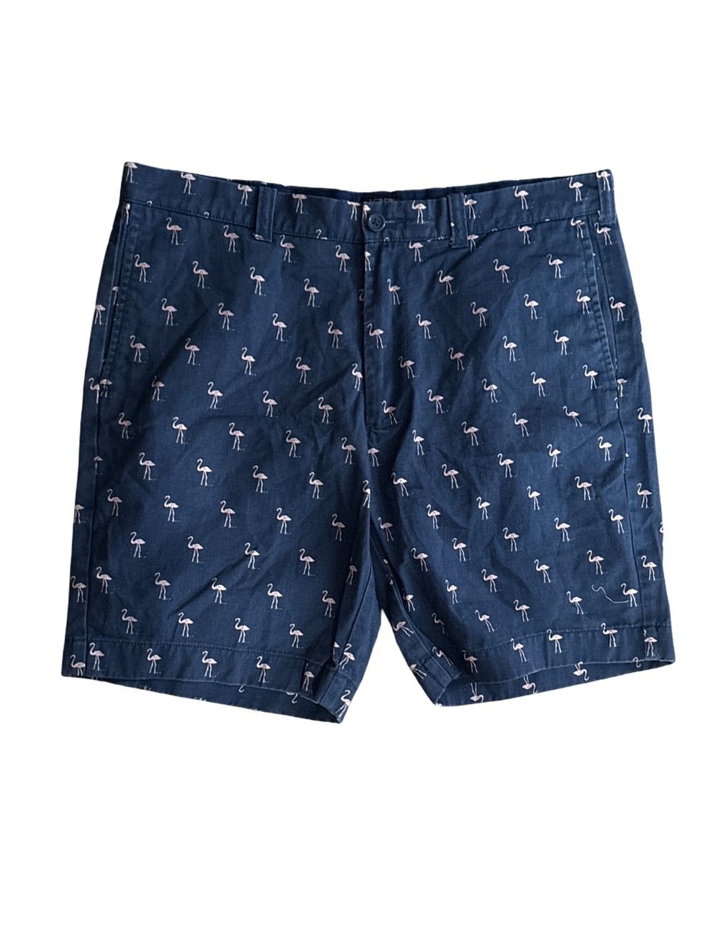 J Crew Gramercy Blue Flamingo Print Pattern Designer Chino Shorts - size 35